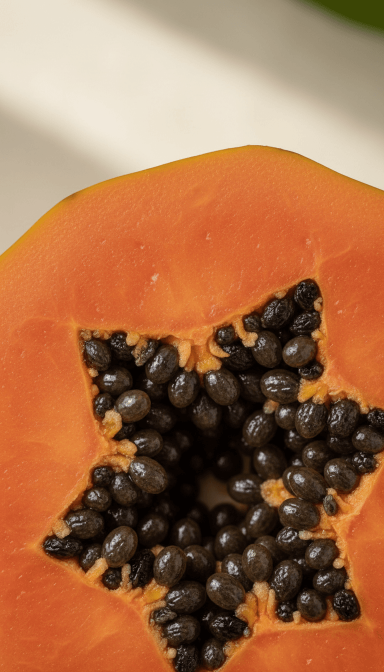 Vibrant papaya slice highlighting its fresh orange flesh and seeds