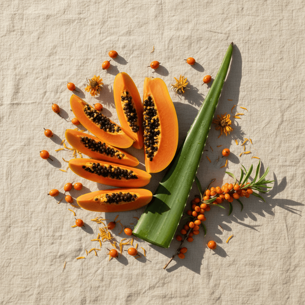 Natural skincare ingredients including papaya and aloe arranged on linen